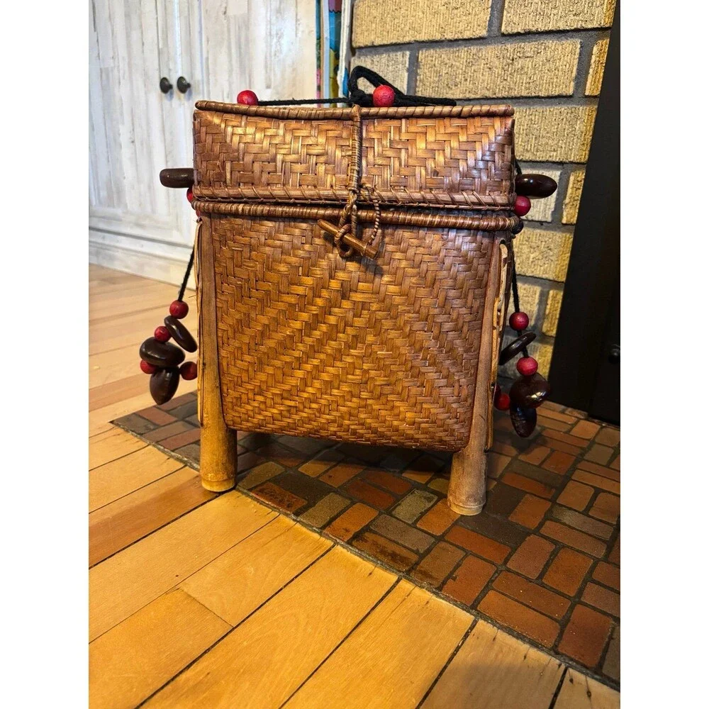 Vtg Bamboo Rattan Handmade Rice Basket With Ball Bead Cording Chinese Japan lid